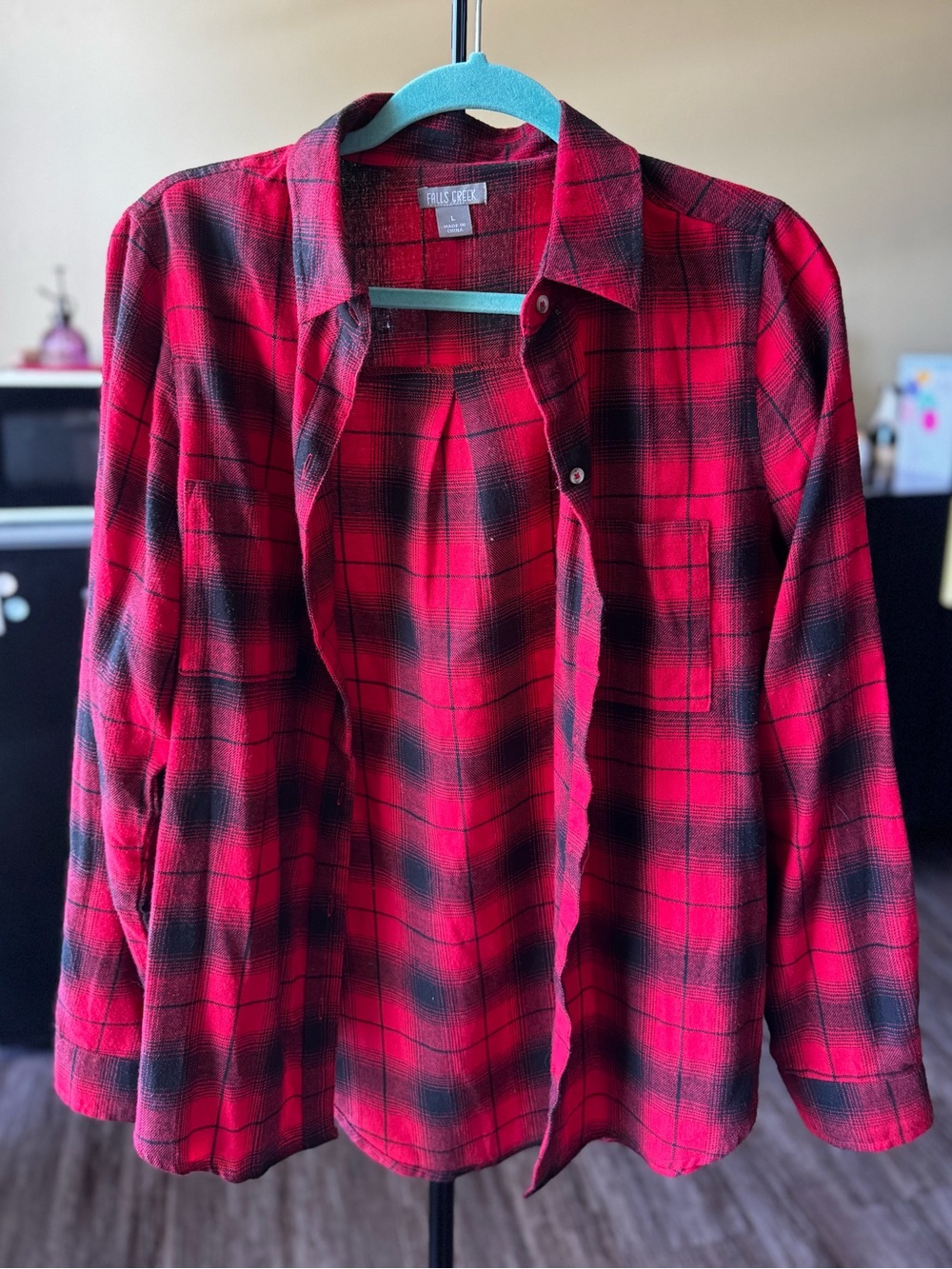 Falls Creek Red and Black Plaid Button-Down Shirt